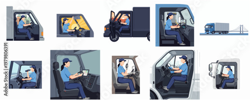 Flat Style Truck Driver Inside Vehicle Cabin Various View Illustration
