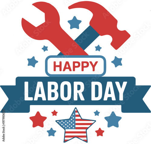 International labours day may first card, design, concept with black text and construction worker icon.