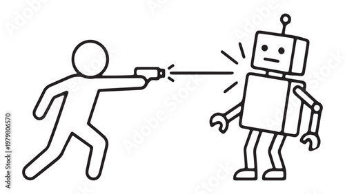 Stick figure man using a handheld device to scan or disable a robot, cybersecurity concept.