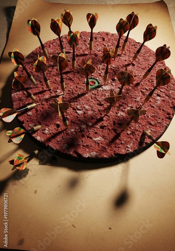 ダーツボード、多数のダーツが刺さった様子