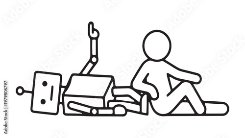 Human and AI friendship concept, stickman sitting with robot friend pointing at something, symbolic of technology and humanity harmony.