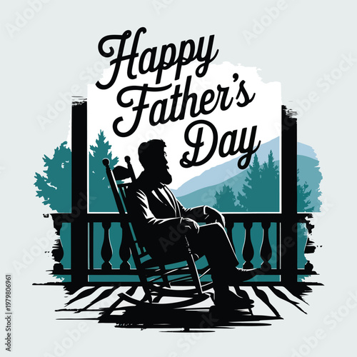 Man sitting on rocking chair on porch with mountains and trees in background on fathers day