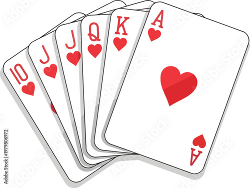 A royal flush poker hand of hearts featuring ten jack queen king and ace cards