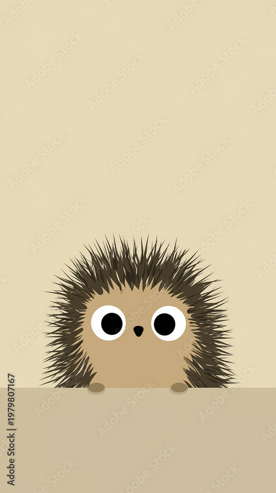 Fototapeta premium A cute cartoon hedgehog peeking over a surface with big round eyes and soft brown fur against a beige background
