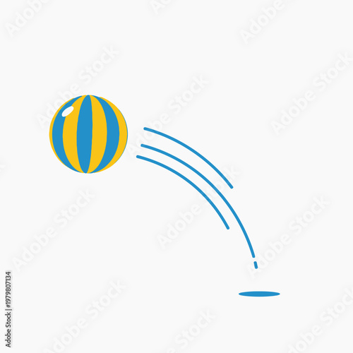 Striped beach ball in mid-air with motion lines, isolated on white
