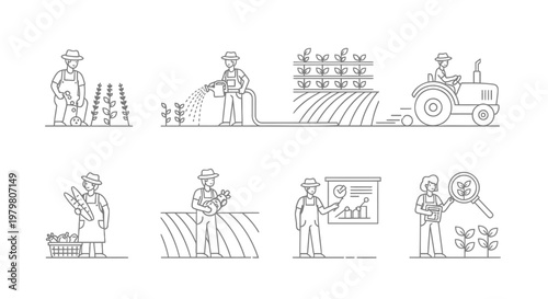 Agriculture, farming icons, farm workers, tractor, agricultural business, rural industry