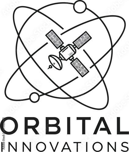 A logo for Orbital Innovations featuring a satellite in orbit around a central point