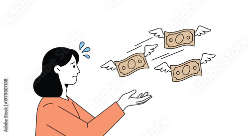 Stressed woman watching her money flying away with wings due to unexpected financial loss and extreme debt