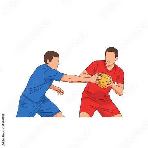Two basketball players competing for the ball, one in red, one in blue, isolated on white background.