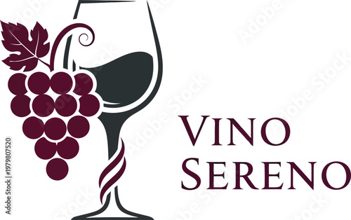 A logo for Vino Sereno featuring a wine glass and grapes on a white background