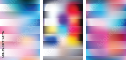 Set of twenty four rectangular blurred gradient backgrounds featuring vibrant color transitions of blue pink yellow red and white in soft light patterns