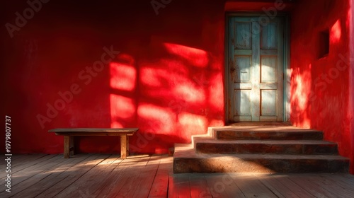 A striking red door illuminated by soft sunlight, showcasing enchanting shadows and textures against a rustic background that evokes a sense of inviting mystery.