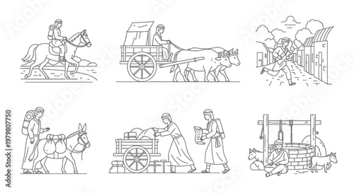 Vintage farm icons, rural landscape illustrations, agriculture symbols, vector graphics