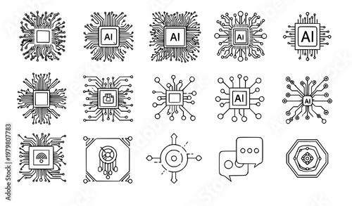 Circuit board line icon set AI chip technology vector collection