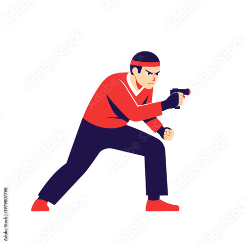 Action Hero Holding Gun, Ready to Shoot, Dynamic Pose, Red and Blue Outfit