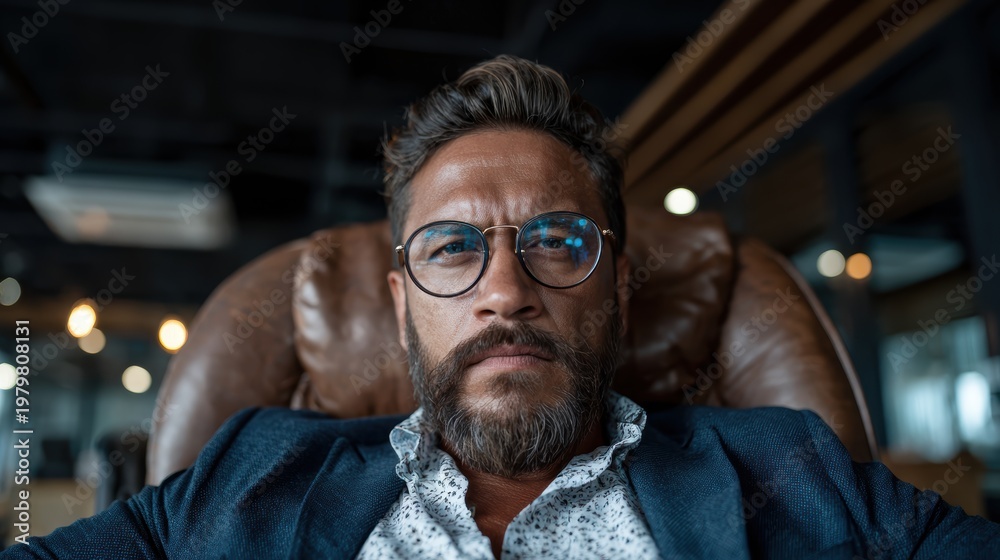 Fototapeta premium A man with an intense gaze sits thoughtfully in a modern office, embodying confidence and professionalism while showcasing a striking personal style.