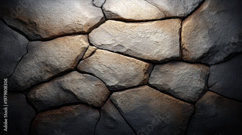 Textured Stone Wall with Natural Cracks and Shadows, Ideal for Backgrounds, Textures, or Architectural Designs in Various Creative Projects