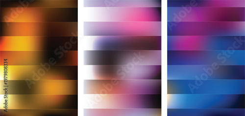 Three vertical panels featuring horizontal stripes with blurred gradients in orange yellow white pink purple and blue colors creating a soft light effect across the segmented composition