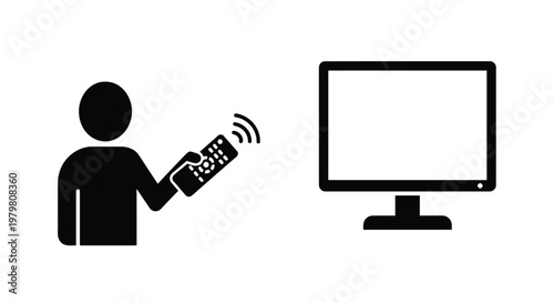 Person holding a remote control pointing at a television screen to change channels or adjust the volume