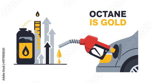 Fuel nozzle filling car tank with rising octane levels in colorful graphic illustration for automotive advertising
