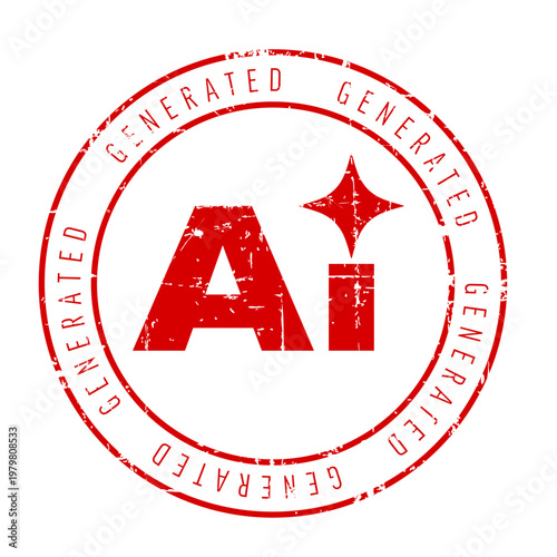 This image shows an AI generated stamp with a red distressed badge design. The AI generated badge features a grunge effect and bold AI letters in the center.
