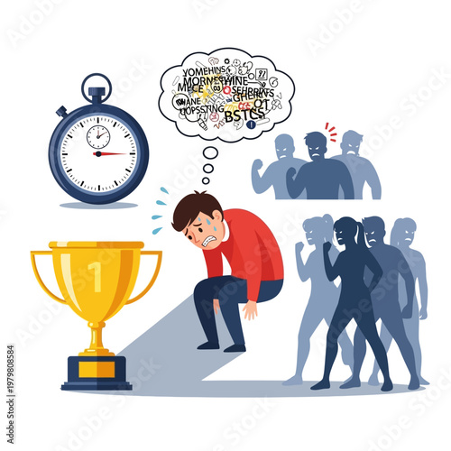 Overwhelmed man with trophy, stopwatch, and judging crowd, stress and competition concept