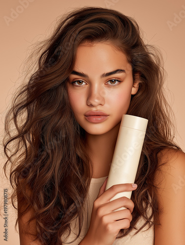Young woman holding cylindrical beauty product on neutral background  