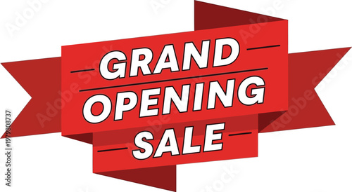 A red ribbon banner with white text announcing a grand opening sale