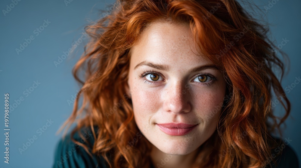 Naklejka premium A captivating portrait of a woman with vibrant curly red hair and freckles gazes directly at the camera, showcasing her natural beauty and charm against a serene blue background.
