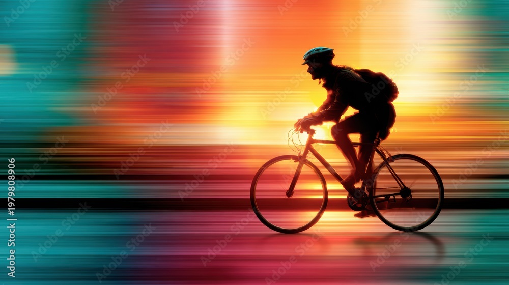 Obraz premium A dynamic shot of a cyclist in motion, riding rapidly with a backdrop of vibrant colors blending and blurring together, emphasizing speed, thrill, and the essence of movement.