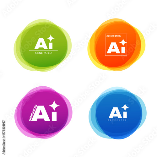 Information set of AI generated labels on colorful abstract backgrounds. These AI generated icons identify content created by artificial intelligence in green, orange, purple and blue.
