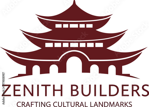 A logo of Zenith Builders featuring a pagoda-style building with the company name and slogan