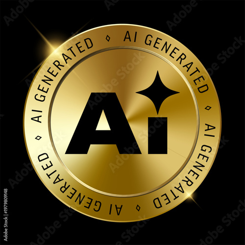 Premium golden badge featuring an AI generated label for digital content. This elegant AI generated coin symbol identifies artwork created using artificial intelligence technology.