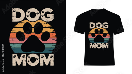 Dog mom t shirt design with paw print and colorful sunset  dog mom graphic tee