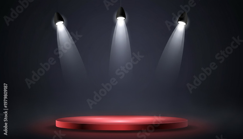 Empty red circular stage podium illuminated by three bright spotlights in dark moody atmosphere with spotlight platform illumination presentation