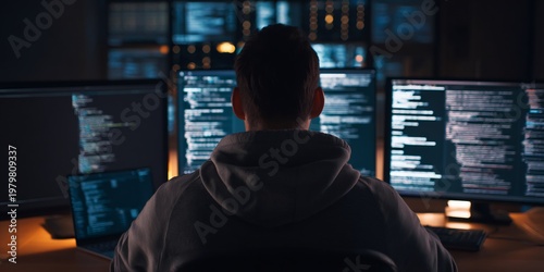 Rear wide over shoulder view of programmer sitting desk surrounded screen displaying code deep perspective behind dark or softly lit workspace camera behind subject no face visible modern tech