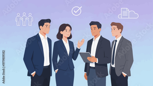 Business team in suits with digital tablet