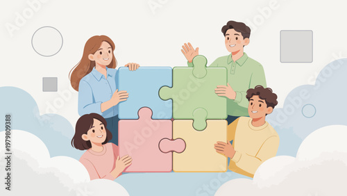 Four people assembling puzzle pieces