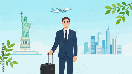 Businessman with suitcase near statue of liberty