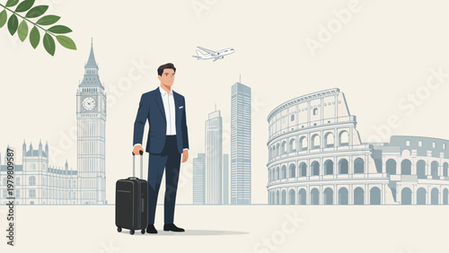Businessman with suitcase near city landmarks
