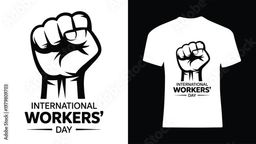International workers day t shirt and logo design with raised fist  labor union symbol
