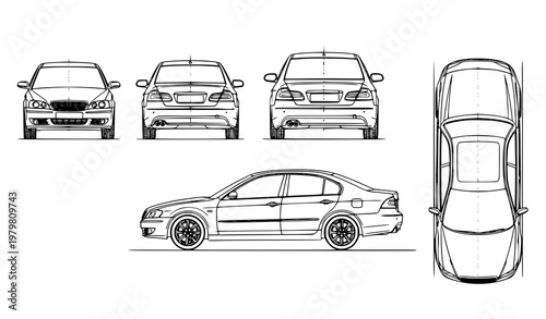 Sedan car technical outline blueprint with multi view projections editable vector vehicle layout