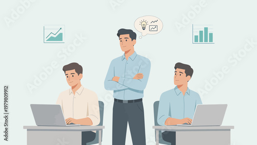 Three men working on laptops with charts