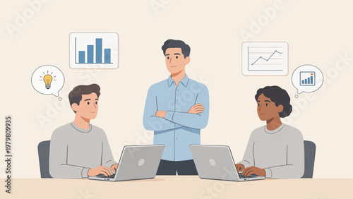 Three people working on laptops in office