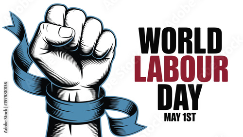 World Labour Day May 1st fist with blue ribbon illustration