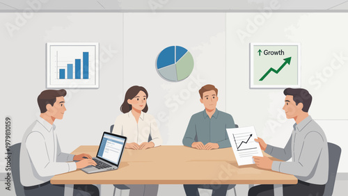 Business meeting with data charts