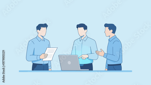 Three men in blue shirts working together