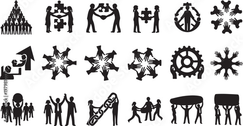 Black silhouettes of people and teamwork icons on white background
