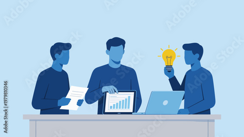 Three people collaborating with documents and devices