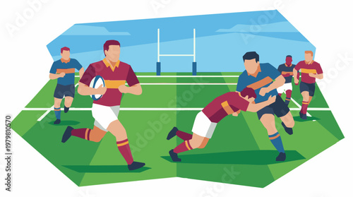 Flat Design Illustration of Rugby Players in Action on Green Field